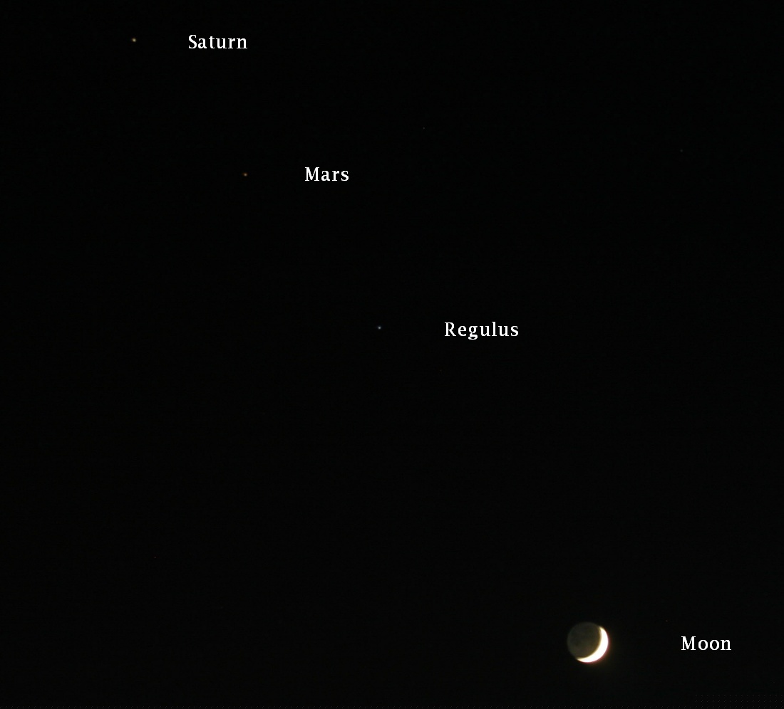 Saturn, Mars, and Regulus aligned with the crescent Moon